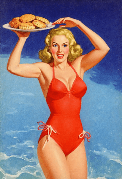 A 50's pinup presents a plate of biscuits & gravy, but they look weird because they're AI.