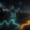 Darkened turbine hall with rows of giant electrical generators; a glowing cyan wave labeled 50 Hz and an orange wave labeled 60 Hz flow across the floor, with a sign reading frequency stability and grid synchronization.