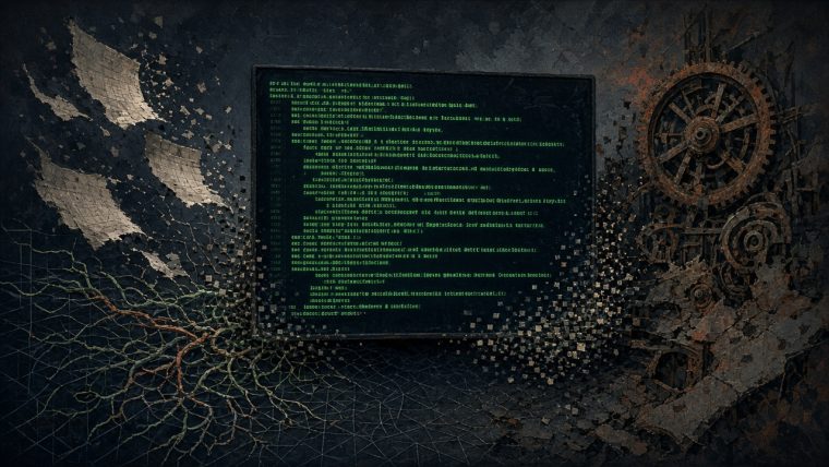 Why Does Software Rot If Nothing Wears Out? Why does software rot? intact green terminal, calendar sheets blowing apart on the left, rusted clockwork on the right, dependency vines crawling up from below