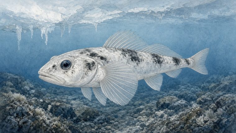 Watercolor-style illustration of a pale, dark-mottled Antarctic icefish with a broad head, large eye, delicate dorsal fin and fan-shaped pectoral fin, hovering above a rocky seafloor beneath sea ice in blue water; an artistic depiction rather than an anatomical diagram.