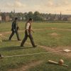 Two baseball club members pace a basepath on a mid-19th-century field while another marks the distance with a cord, showing how an imprecise convention became a measured diamond.