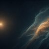 How Can We See a Supernova Again Centuries Later? Conceptual astronomy illustration of a distant golden stellar flash at left and folded, translucent interstellar dust sheets at right. A narrow amber region glows within teal filaments against a dark starfield, evoking a light echo illuminating existing dust. Artistic visualization, not a telescope image or a scale diagram.
