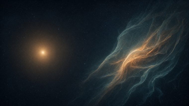 How Can We See a Supernova Again Centuries Later? Conceptual astronomy illustration of a distant golden stellar flash at left and folded, translucent interstellar dust sheets at right. A narrow amber region glows within teal filaments against a dark starfield, evoking a light echo illuminating existing dust. Artistic visualization, not a telescope image or a scale diagram.