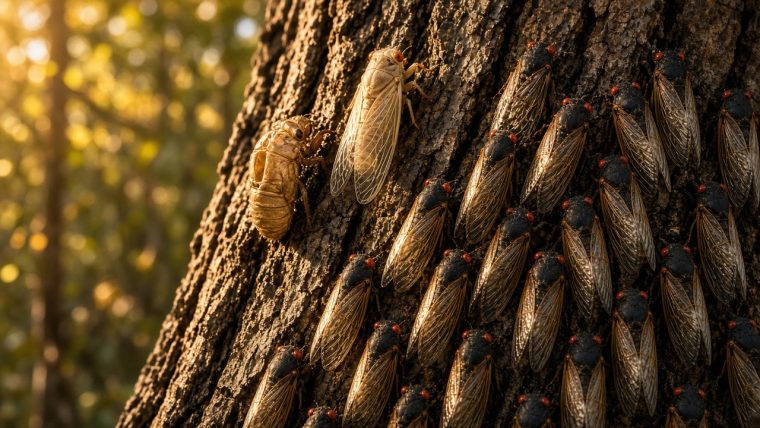 Why Do Cicadas Count in Prime Numbers? Dozens of red-eyed periodical cicadas with translucent wings cling to a tree trunk in an eastern North American forest at golden hour, one newly molted adult drying its wings beside a discarded nymph shell.