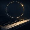 Why Can’t a Piano Be Perfectly Tuned? Editorial illustration: a grand piano keyboard receding into deep shadow with a faint glowing ring of twelve arcs above it that almost closes but leaves one bright golden gap, evoking the Pythagorean comma in equal temperament tuning.