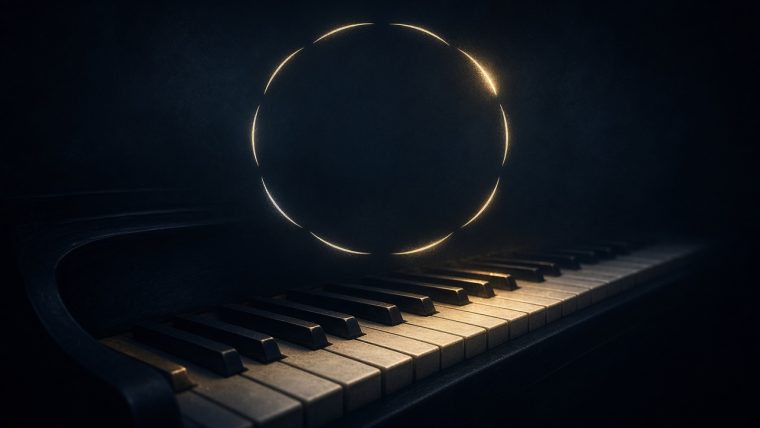 Why Can’t a Piano Be Perfectly Tuned? Editorial illustration: a grand piano keyboard receding into deep shadow with a faint glowing ring of twelve arcs above it that almost closes but leaves one bright golden gap, evoking the Pythagorean comma in equal temperament tuning.