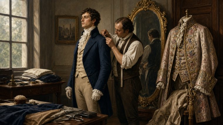 Why Does the Business Suit Look Neutral? Late-18th-century gentleman in a dark navy tailcoat being fitted by a tailor, with a richly embroidered silk coat nearby to contrast restrained tailoring with ornate dress.
