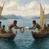 Islanders in outrigger canoes exchange a red shell necklace and white armband across the sea in the Massim archipelago.