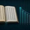 Editorial illustration on Benford.s law: a vintage book of logarithm tables with visibly worn, stained early pages beside a bar chart of leading-digit frequencies, where the bar for digit 1 is tallest and bars decline smoothly to digit 9, with a logarithmic decay curve overlaid.