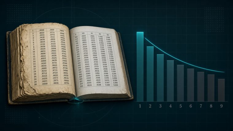 Why Do So Many Numbers Start With 1? Benford’s Law, Explained Editorial illustration on Benford.s law: a vintage book of logarithm tables with visibly worn, stained early pages beside a bar chart of leading-digit frequencies, where the bar for digit 1 is tallest and bars decline smoothly to digit 9, with a logarithmic decay curve overlaid.