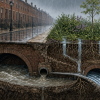 Why Does Rain Make a City Spill Sewage? Illustrated cutaway of a rain-soaked Philadelphia-style rowhouse street, showing roof and street runoff joining wastewater in an underground sewer, an overflow route toward a river, and a planted curbside rain garden above. Conceptual illustration, not an engineering plan.