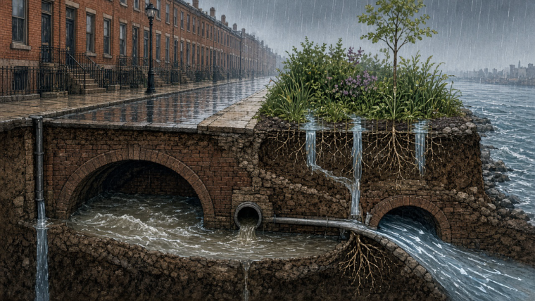 Illustrated cutaway of a rain-soaked Philadelphia-style rowhouse street, showing roof and street runoff joining wastewater in an underground sewer, an overflow route toward a river, and a planted curbside rain garden above. Conceptual illustration, not an engineering plan.