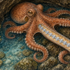 How Does an Octopus Keep Track of Eight Boneless Arms? Conceptual natural-history illustration of a copper-colored California two-spot octopus exploring a rocky underwater crevice, with curved sucker-bearing arms and a translucent arm cutaway suggesting the repeated neural modules along its axial nerve cord; illustration, not a microscopy image.