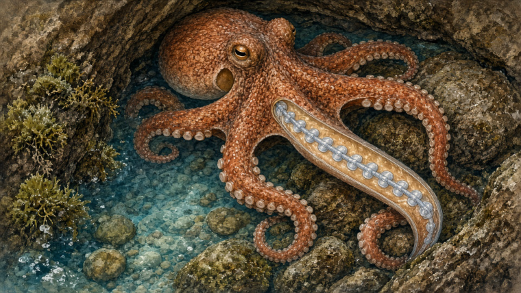 How Does an Octopus Keep Track of Eight Boneless Arms? Conceptual natural-history illustration of a copper-colored California two-spot octopus exploring a rocky underwater crevice, with curved sucker-bearing arms and a translucent arm cutaway suggesting the repeated neural modules along its axial nerve cord; illustration, not a microscopy image.
