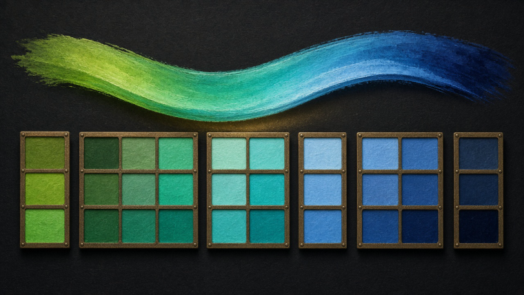 Where Does Blue End and Green Begin? Conceptual illustration of a continuous green-to-turquoise-to-blue color band above rows of painted color chips, grouped differently by thin brass dividers against a charcoal background; the differing groups represent language-specific color categories, not measured experimental data.