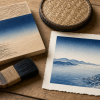 How Do You Print a Sky That Fades into Nothing? Illustration of a bokashi printing workbench: a carved wooden block at left carries blue fading into bare wood; a broad brush and woven rubbing pad lie beside a coastal print with a graduated blue sky, pale distant hills, water and shoreline houses.
