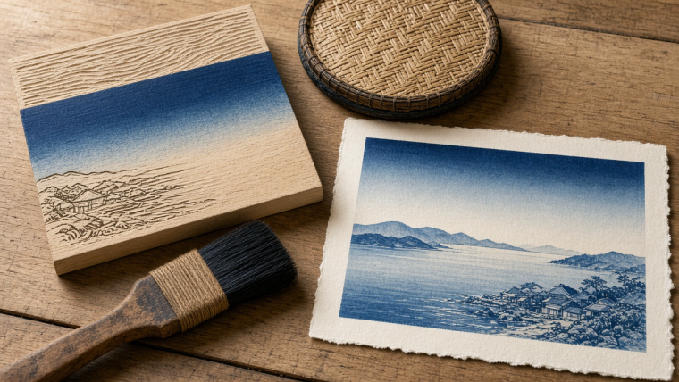 How Do You Print a Sky That Fades into Nothing? Illustration of a bokashi printing workbench: a carved wooden block at left carries blue fading into bare wood; a broad brush and woven rubbing pad lie beside a coastal print with a graduated blue sky, pale distant hills, water and shoreline houses.