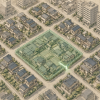Isometric illustration of a Japanese neighborhood with small houses and apartment buildings; a jade-green highlighted block and marked perimeter connect the surrounding streets to a recessed entrance, illustrating block-based addressing.