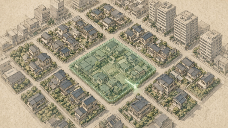 How Do Japanese Addresses Work Without Street Names? Isometric illustration of a Japanese neighborhood with small houses and apartment buildings; a jade-green highlighted block and marked perimeter connect the surrounding streets to a recessed entrance, illustrating block-based addressing.