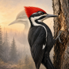 Why Can a Woodpecker Use Its Head as a Hammer? Painted natural-history illustration of a red-crested pileated woodpecker gripping a vertical tree trunk in a dawn forest, its straight bill meeting the wood and small chips marking the impact; a faint earlier head position suggests the short pecking movement.
