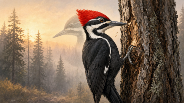 Painted natural-history illustration of a red-crested pileated woodpecker gripping a vertical tree trunk in a dawn forest, its straight bill meeting the wood and small chips marking the impact; a faint earlier head position suggests the short pecking movement.