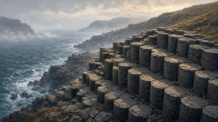 Why Does Cooling Lava Break into Hexagonal Columns? Illustration of a coastal columnar-basalt outcrop: tightly packed dark stone prisms show mostly six-sided but irregular polygonal tops, tall vertically jointed sides and faint transverse growth markings, beside a cold blue sea beneath a misty sky.