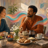 How Do We Know When It Is Our Turn to Talk? Painterly illustration of three adults sharing coffee at a breakfast table, with expressive faces and alternating colored sound ribbons suggesting the close timing of conversational turns.