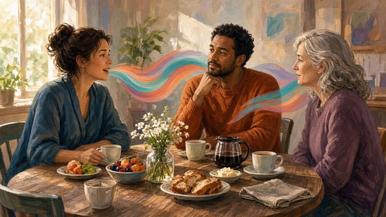 Painterly illustration of three adults sharing coffee at a breakfast table, with expressive faces and alternating colored sound ribbons suggesting the close timing of conversational turns.