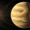 Conceptual illustration of cloud-covered Venus in cream and ochre, lit from the left by the Sun, with a cutaway suggesting the rocky interior and curved atmospheric bands representing the thermal tides involved in its slow retrograde rotation; not a measured map or scale diagram.