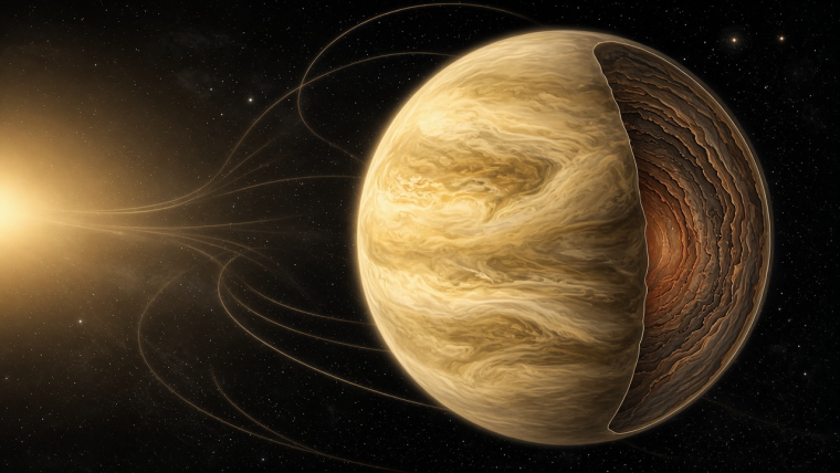 Conceptual illustration of cloud-covered Venus in cream and ochre, lit from the left by the Sun, with a cutaway suggesting the rocky interior and curved atmospheric bands representing the thermal tides involved in its slow retrograde rotation; not a measured map or scale diagram.