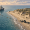 How Does an Ocean Cable Come Ashore? Illustrative coastal cable landing at dawn: a cable ship offshore feeds a dark submarine cable supported by orange floats toward a sandy beach, where workers and tracked machinery guide the shore end toward dunes and an inland utility building.