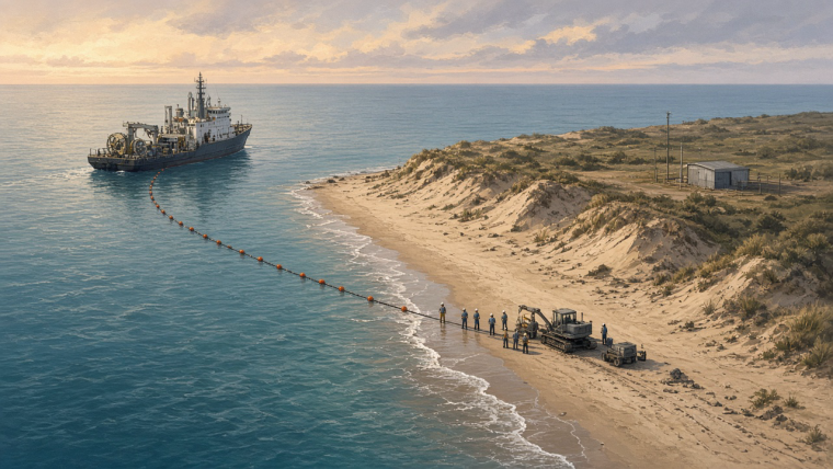 Illustrative coastal cable landing at dawn: a cable ship offshore feeds a dark submarine cable supported by orange floats toward a sandy beach, where workers and tracked machinery guide the shore end toward dunes and an inland utility building.