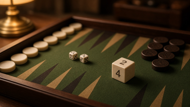 Why Backgammon Lets You Raise the Price of Losing A large ivory backgammon doubling cube showing 2 and 4 rests on a green-felt board among dark and pale checkers and ordinary dice, illuminated by warm side lighting; the unrolled cube represents the changing stakes of play.