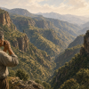 How Can a Whistle Carry a Whole Sentence? AI-generated illustration of two people communicating across a steep green and ochre ravine on La Gomera, Canary Islands. A foreground whistler raises fingers to the mouth while a distant listener stands on the opposite terraced slope in morning light.