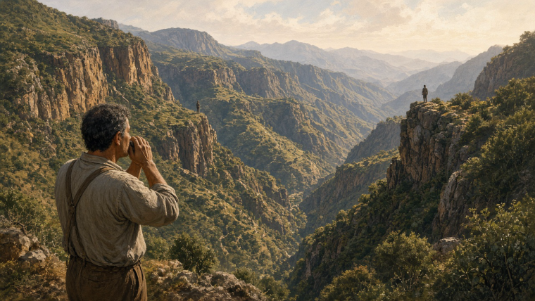 AI-generated illustration of two people communicating across a steep green and ochre ravine on La Gomera, Canary Islands. A foreground whistler raises fingers to the mouth while a distant listener stands on the opposite terraced slope in morning light.