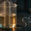 How Can a Metal Remember Its Shape? AI-generated illustration of a silvery nitinol spring rising from a clear beaker of warm water, with a bent wire on a dark laboratory bench, evoking heat-triggered shape recovery; not an experimental photograph.