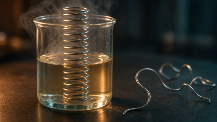 How Can a Metal Remember Its Shape? AI-generated illustration of a silvery nitinol spring rising from a clear beaker of warm water, with a bent wire on a dark laboratory bench, evoking heat-triggered shape recovery; not an experimental photograph.