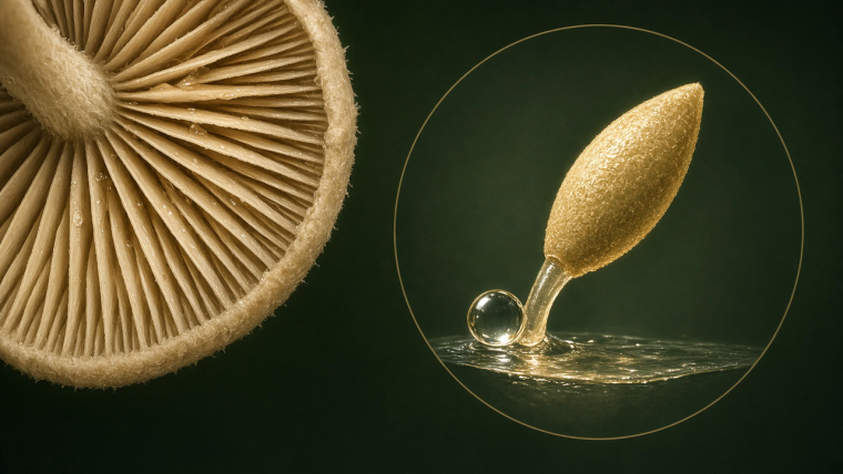 How Do Mushrooms Fire Spores Without Muscles? Conceptual natural-history illustration of the underside of a gilled mushroom alongside a magnified elongated fungal spore on a tiny supporting stalk, with a rounded Buller’s drop and a flattened water droplet illustrating the surface-tension launch mechanism.