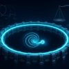 Why Did the Muon g-2 Physics Anomaly Just Disappear? Editorial illustration of the Fermilab Muon g-2 storage ring, a glowing cyan circular magnet with a ghostly muon particle tracing a spiral precession path inside it, faint Feynman-diagram loops and a balance scale in the dark background symbolizing the competing theoretical calculations used to predict the muon magnetic moment.