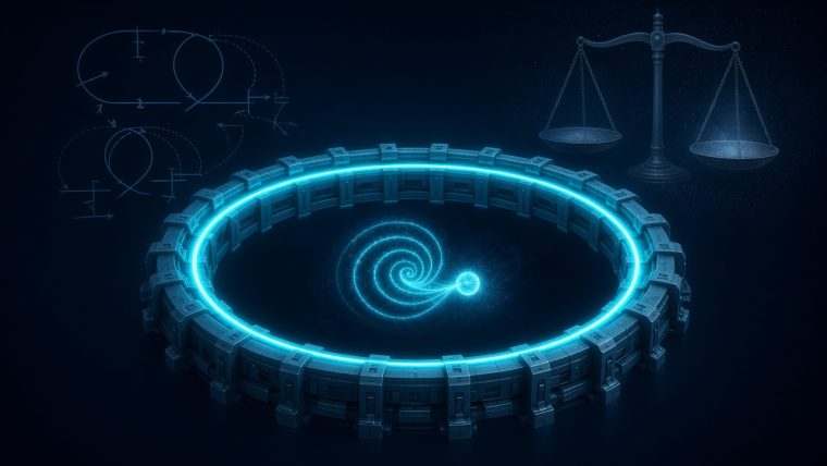 Why Did the Muon g-2 Physics Anomaly Just Disappear? Editorial illustration of the Fermilab Muon g-2 storage ring, a glowing cyan circular magnet with a ghostly muon particle tracing a spiral precession path inside it, faint Feynman-diagram loops and a balance scale in the dark background symbolizing the competing theoretical calculations used to predict the muon magnetic moment.