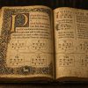 Why Does Gregorian Chant Have Exactly Eight Modes? An illuminated medieval antiphoner manuscript page glowing in candlelight, showing ornate neume musical notation above Latin chant text, a gilded initial letter, and faint overlaid diagrams suggesting eight numbered modal scales arranged like a classification chart, evoking the Carolingian scriptorium origin of the eight Gregorian church modes.