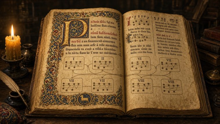 Why Does Gregorian Chant Have Exactly Eight Modes? An illuminated medieval antiphoner manuscript page glowing in candlelight, showing ornate neume musical notation above Latin chant text, a gilded initial letter, and faint overlaid diagrams suggesting eight numbered modal scales arranged like a classification chart, evoking the Carolingian scriptorium origin of the eight Gregorian church modes.