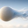 Editorial illustration of a golf ball in mid-flight showing its dimpled surface with stylized turbulent airflow and boundary-layer lines trailing behind it against a minimalist sky, rendered in cool blue and white tones with warm accent light.