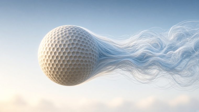 Editorial illustration of a golf ball in mid-flight showing its dimpled surface with stylized turbulent airflow and boundary-layer lines trailing behind it against a minimalist sky, rendered in cool blue and white tones with warm accent light.