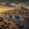 Did 94 “Burned” Cities From 1200 BC Ever Actually Burn? A painterly historical illustration of a Late Bronze Age Levantine coastal palace city at dusk around 1200 BCE, viewed from the harbor, with an approaching fleet of ancient warships, a column of smoke rising from part of the city, cuneiform tablets and amphorae on a stone quay in the foreground, mudbrick palace architecture silhouetted against golden hour light and dark storm clouds on the horizon.
