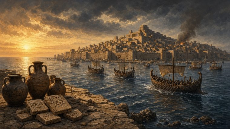 A painterly historical illustration of a Late Bronze Age Levantine coastal palace city at dusk around 1200 BCE, viewed from the harbor, with an approaching fleet of ancient warships, a column of smoke rising from part of the city, cuneiform tablets and amphorae on a stone quay in the foreground, mudbrick palace architecture silhouetted against golden hour light and dark storm clouds on the horizon.