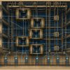 How Does a Building Decide Which Elevator to Send? Technical cutaway illustration of a bank of elevator cars inside a building shaft, showing cables, counterweights, and glowing destination-dispatch keypad panels with overlaid lines suggesting algorithmic routing between floors, in a retro-futuristic brass-and-blue engineering diagram style blending 1920s and 1990s elevator technology.