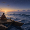 How Can Ocean Swells Tell a Navigator Where to Go? Illustrated Pacific voyaging canoe at dawn, with a navigator looking across long ocean swells beneath a fading starry sky; overlapping waves emphasize the directional patterns used in non-instrument navigation.