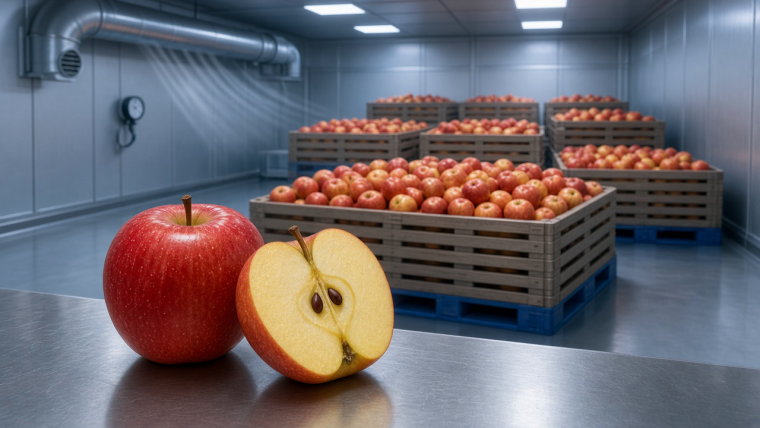 Red and yellow apples, including a cut apple in the foreground, stand before bins of harvested apples inside a cool, sealed storage warehouse with ventilation ducts and atmospheric monitoring equipment.