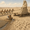 Why Did Egyptians Pour Water in Front of Heavy Sledges? Interpretive illustration of ancient Egyptian workers pulling a seated stone statue on a wooden sledge while a worker pours water ahead of the runners, showing the damp hauling surface against loose desert sand.